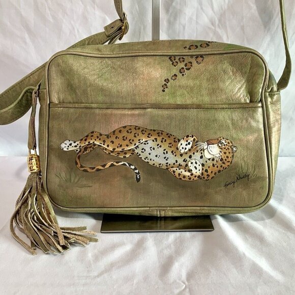 FANCY NANCY Crossbody Purse Hand Painted Lazy Leopard Bag Tassel Zipper Metallic - Picture 1 of 16